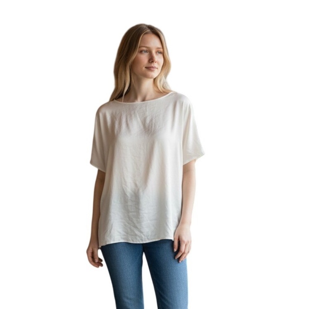 Vince Camuto Afterglow Short Sleeve Top New Ivory Satin Blouse 91324141 Large